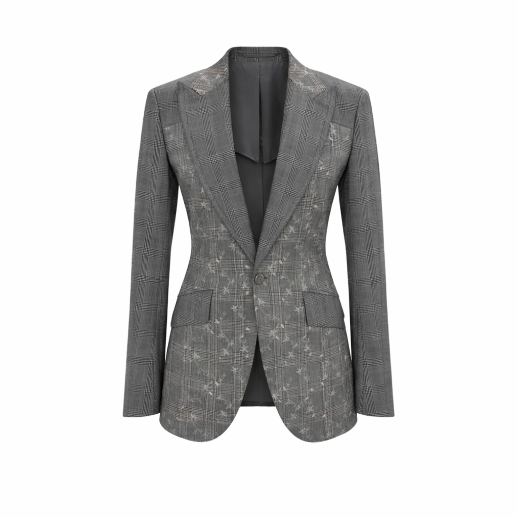 Gray blazer with subtle pattern on a white background