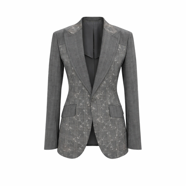 Gray blazer with subtle pattern on a white background