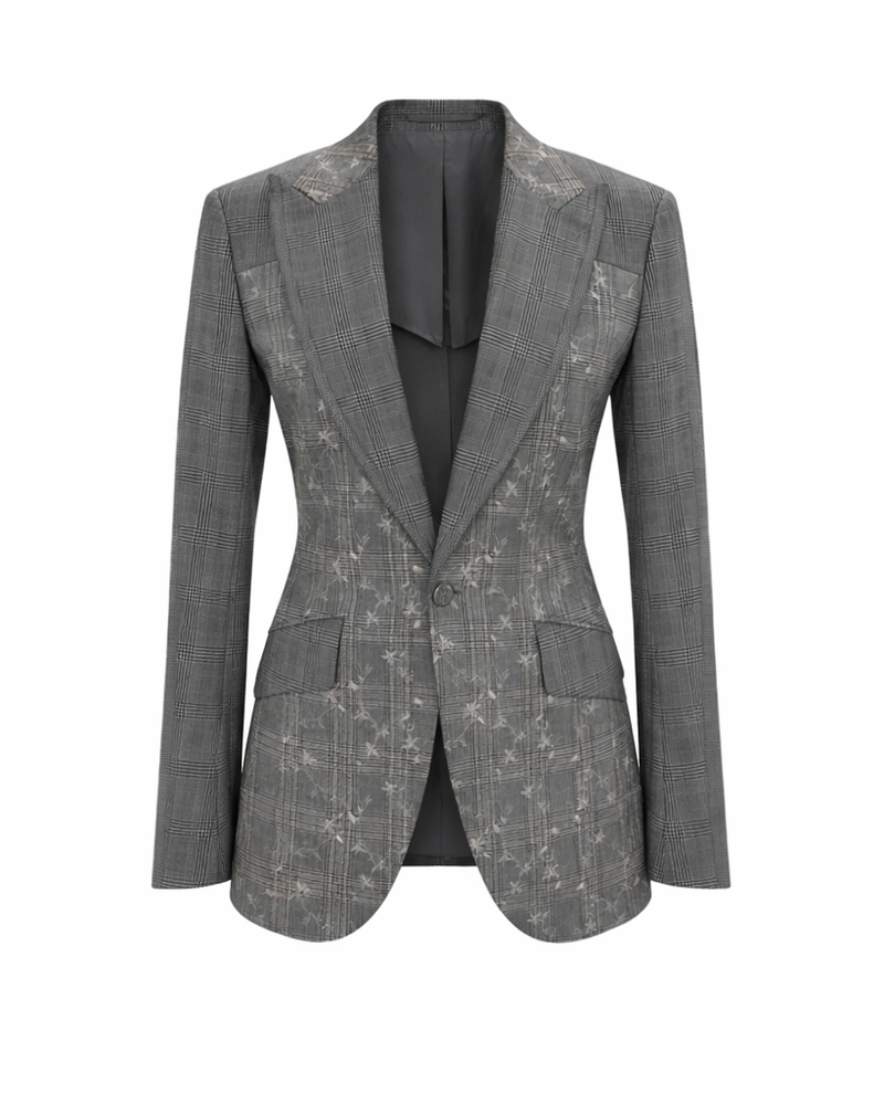 Gray blazer with subtle pattern on a white background