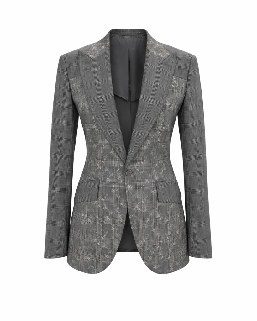 Gray blazer with subtle pattern on a white background