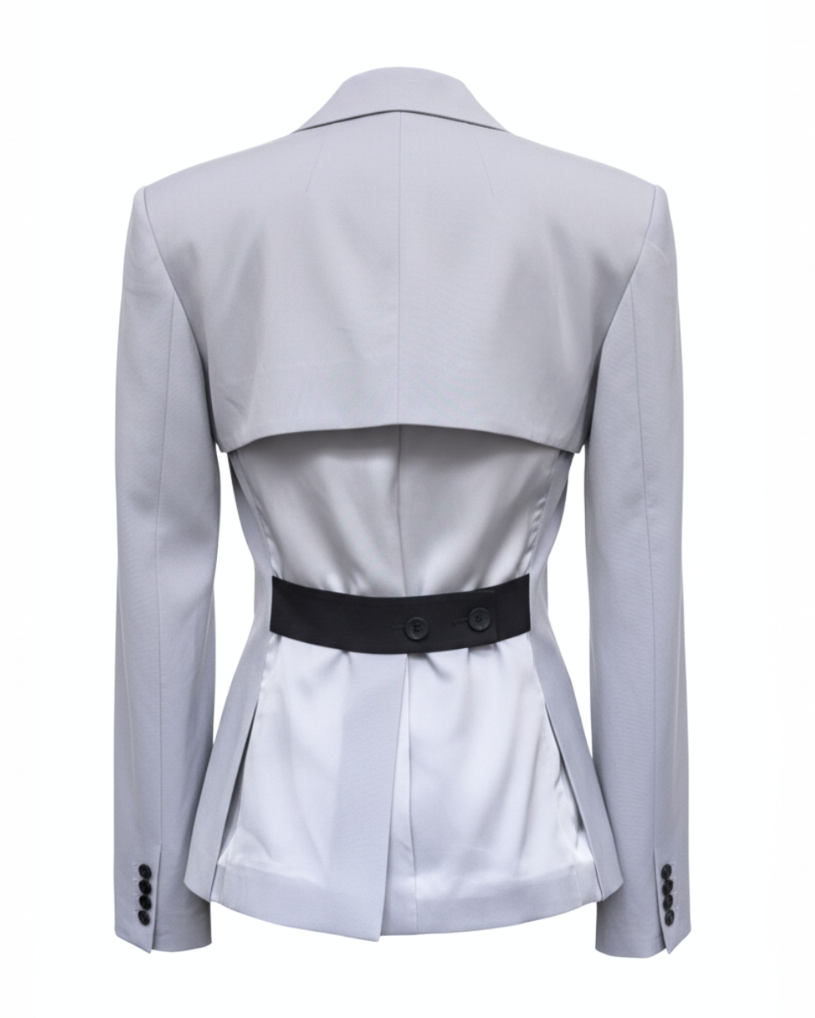 Tailory grey open-back blazer with structured tailoring back view