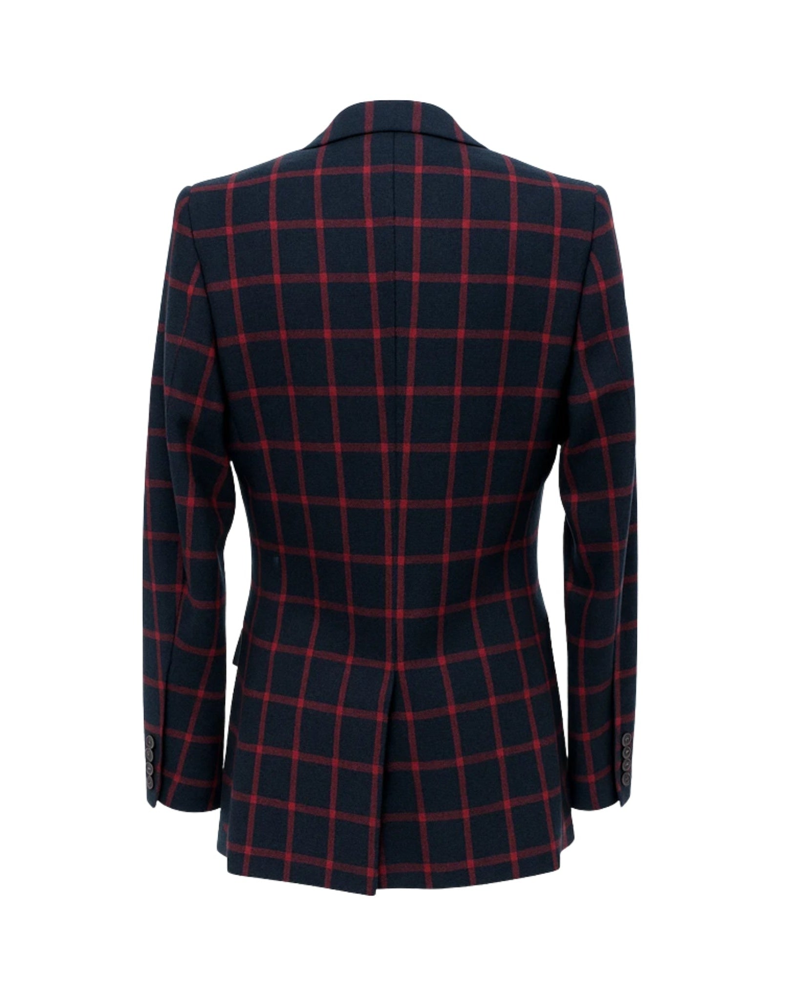 Tailory navy/red windowpane double-breasted peak-lapel blazer back view