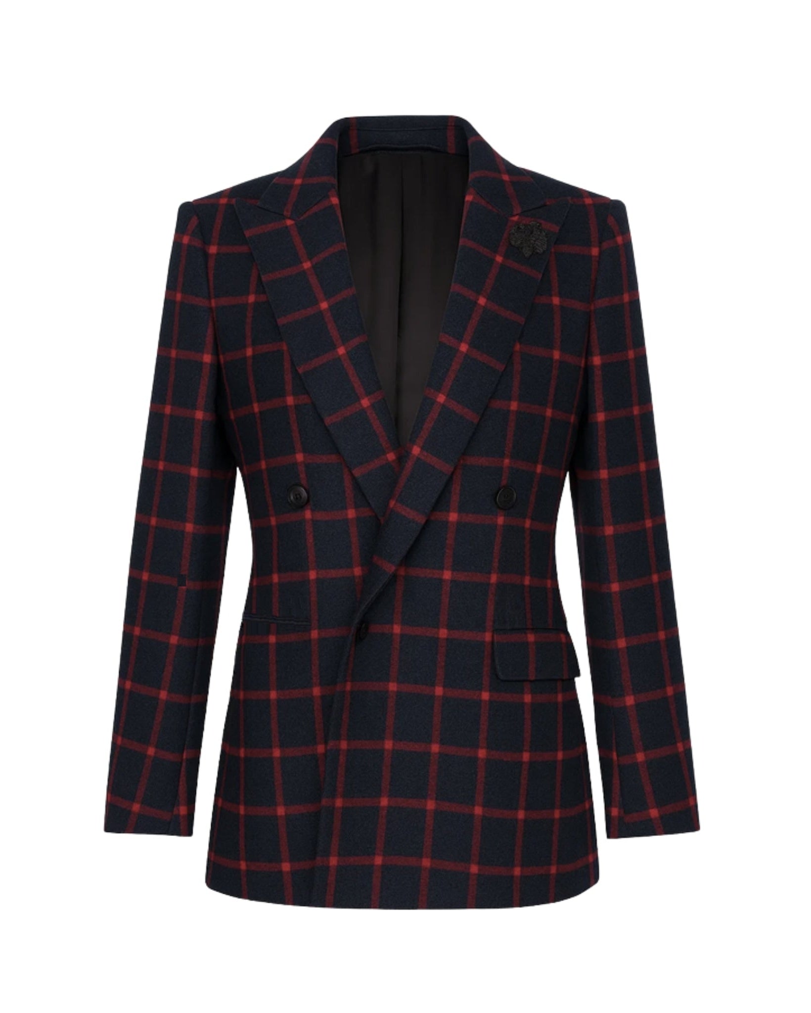 Tailory navy/red windowpane double-breasted peak-lapel blazer front view