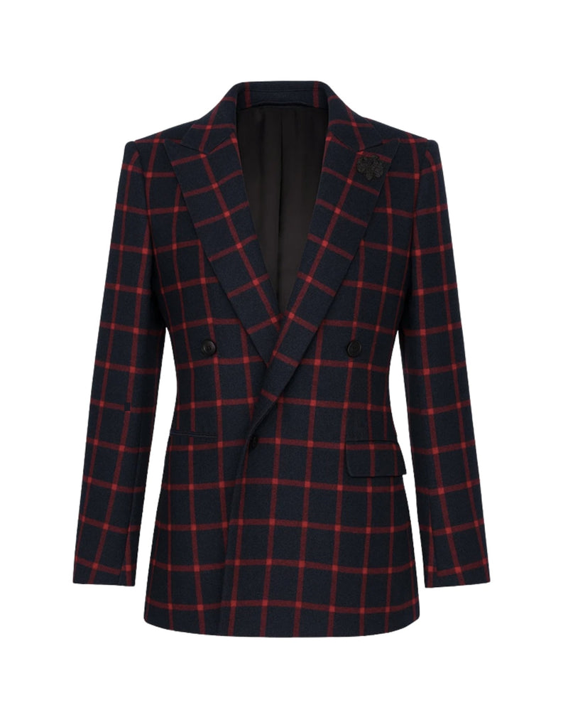 Tailory navy/red windowpane double-breasted peak-lapel blazer front view