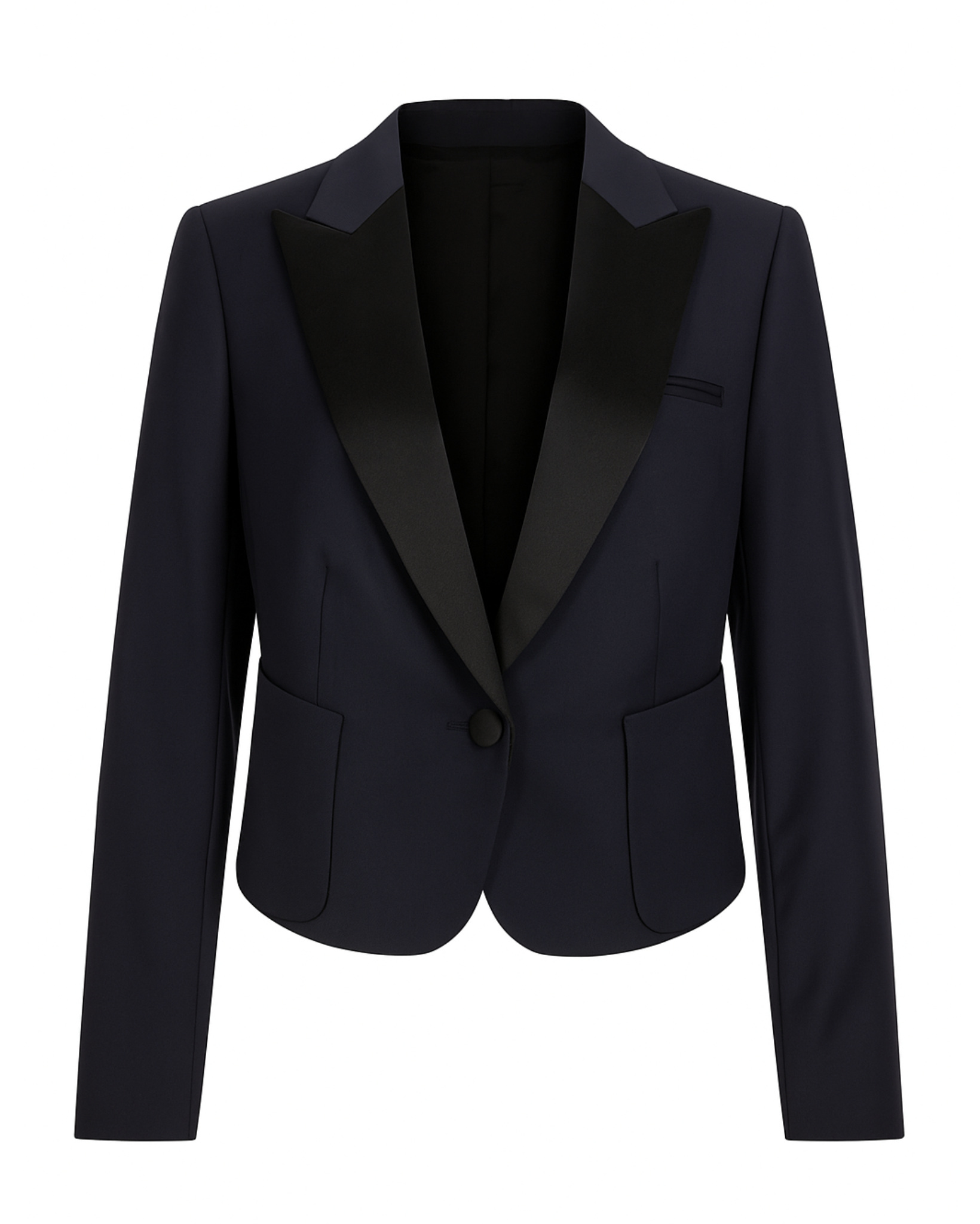 Tailory navy cropped tuxedo blazer with satin lapels front view