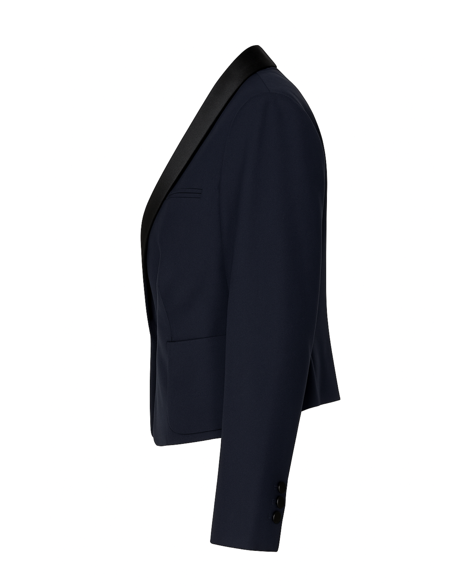 Tailory navy cropped tuxedo blazer with satin lapels side view
