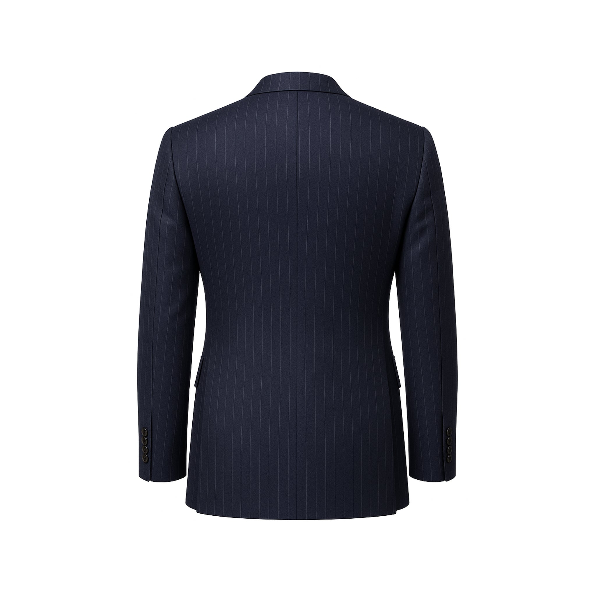 Tailory navy pinstripe wool men’s blazer back view