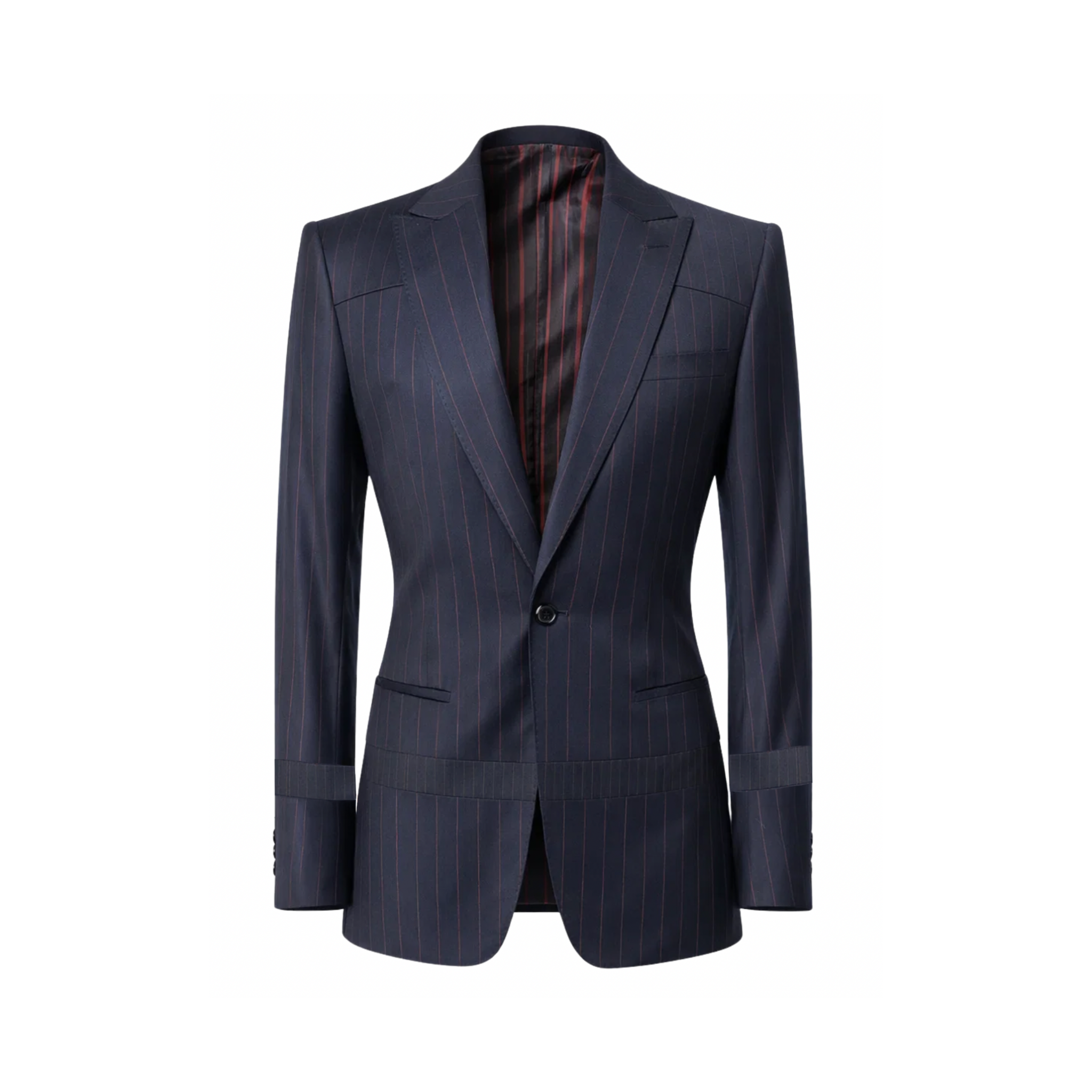 Tailory navy pinstriped blazer with notch lapels front view