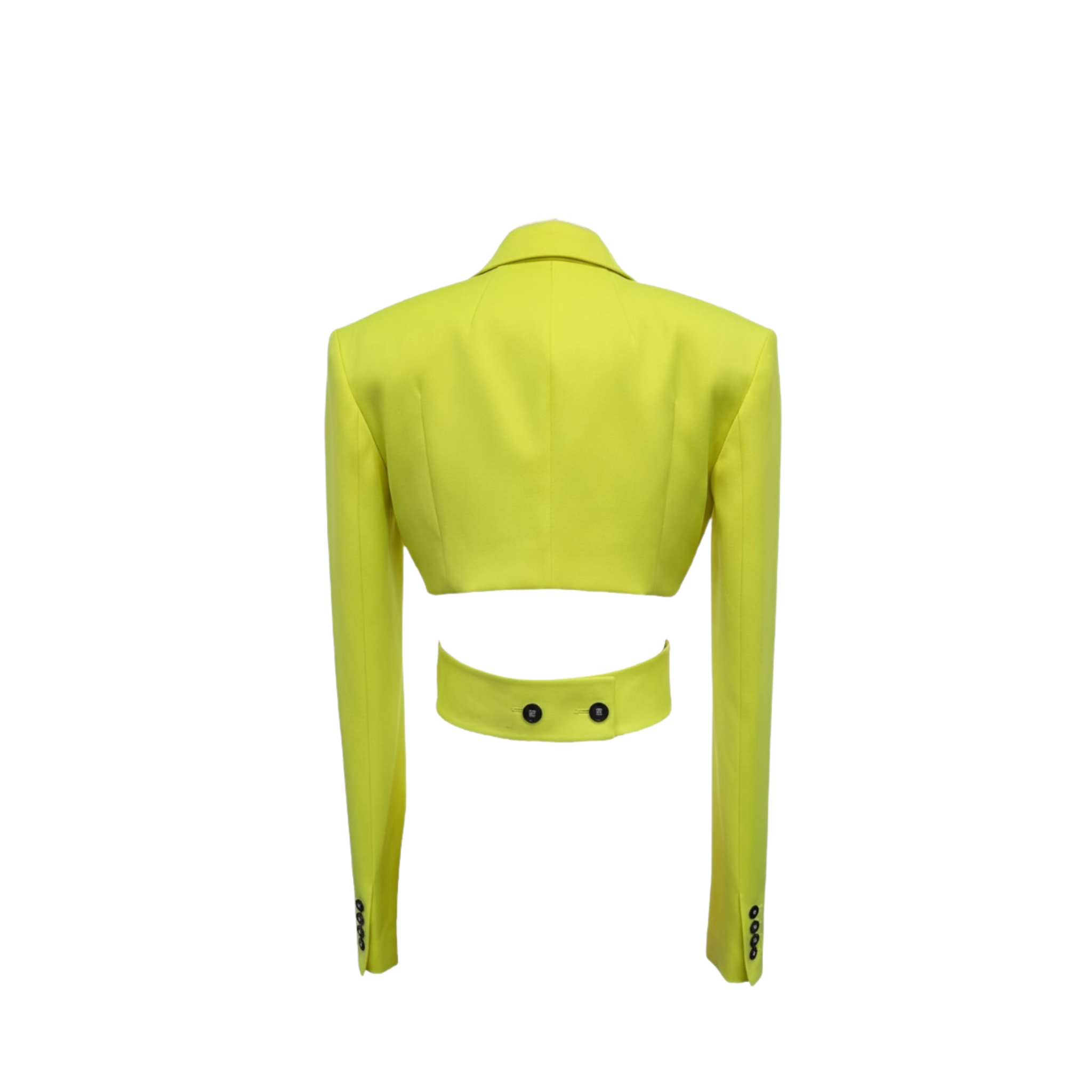Tailory neon yellow cropped blazer with wrap-back cutout view