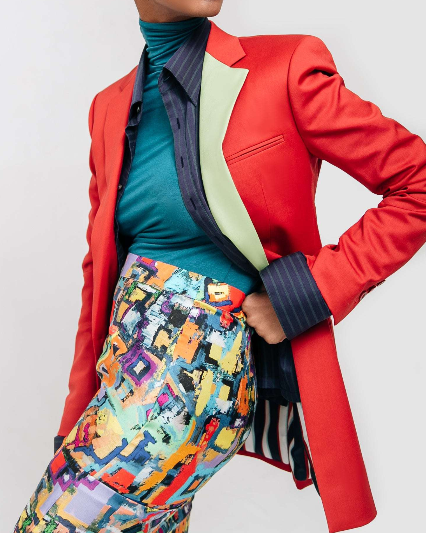 Tailory ruby red contrast lapel blazer on model standing