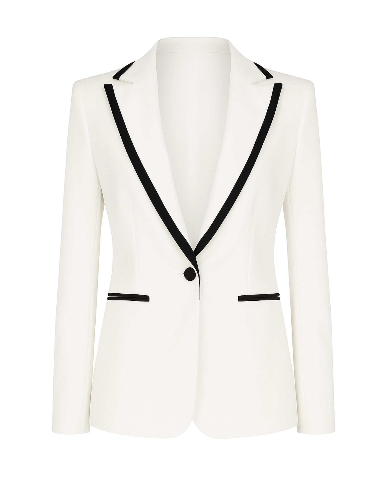 Tailory white tuxedo blazer with black piping front view