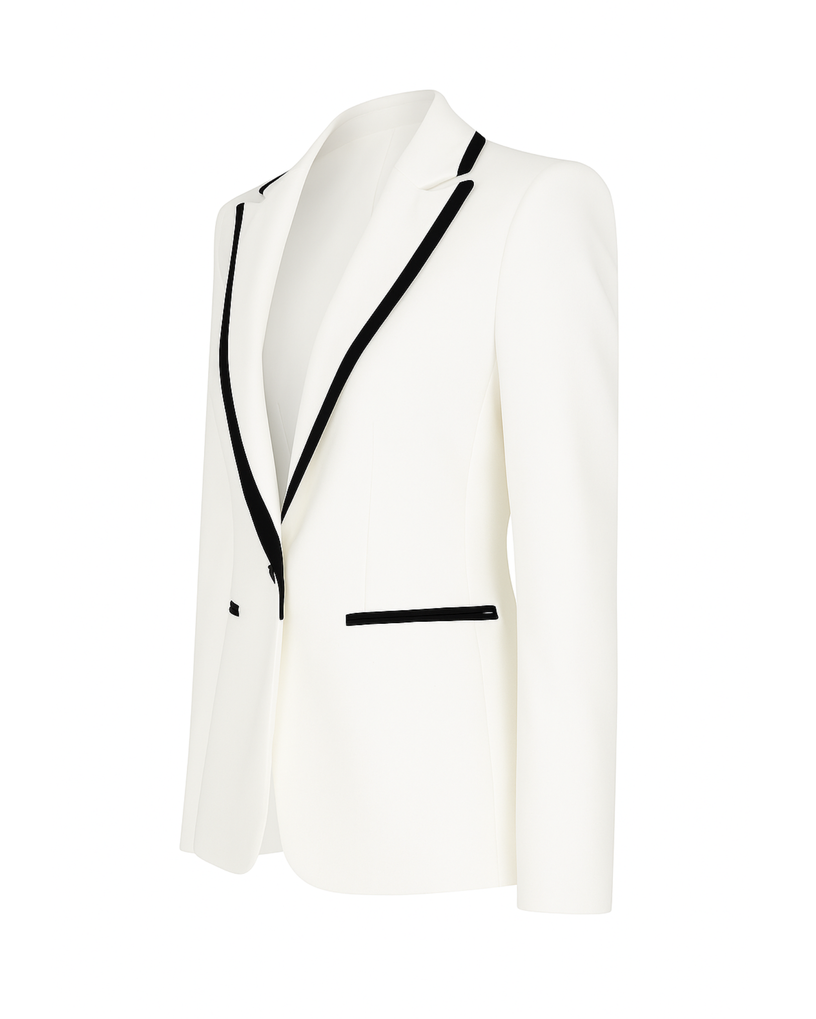 Tailory white tuxedo blazer with black piping side view