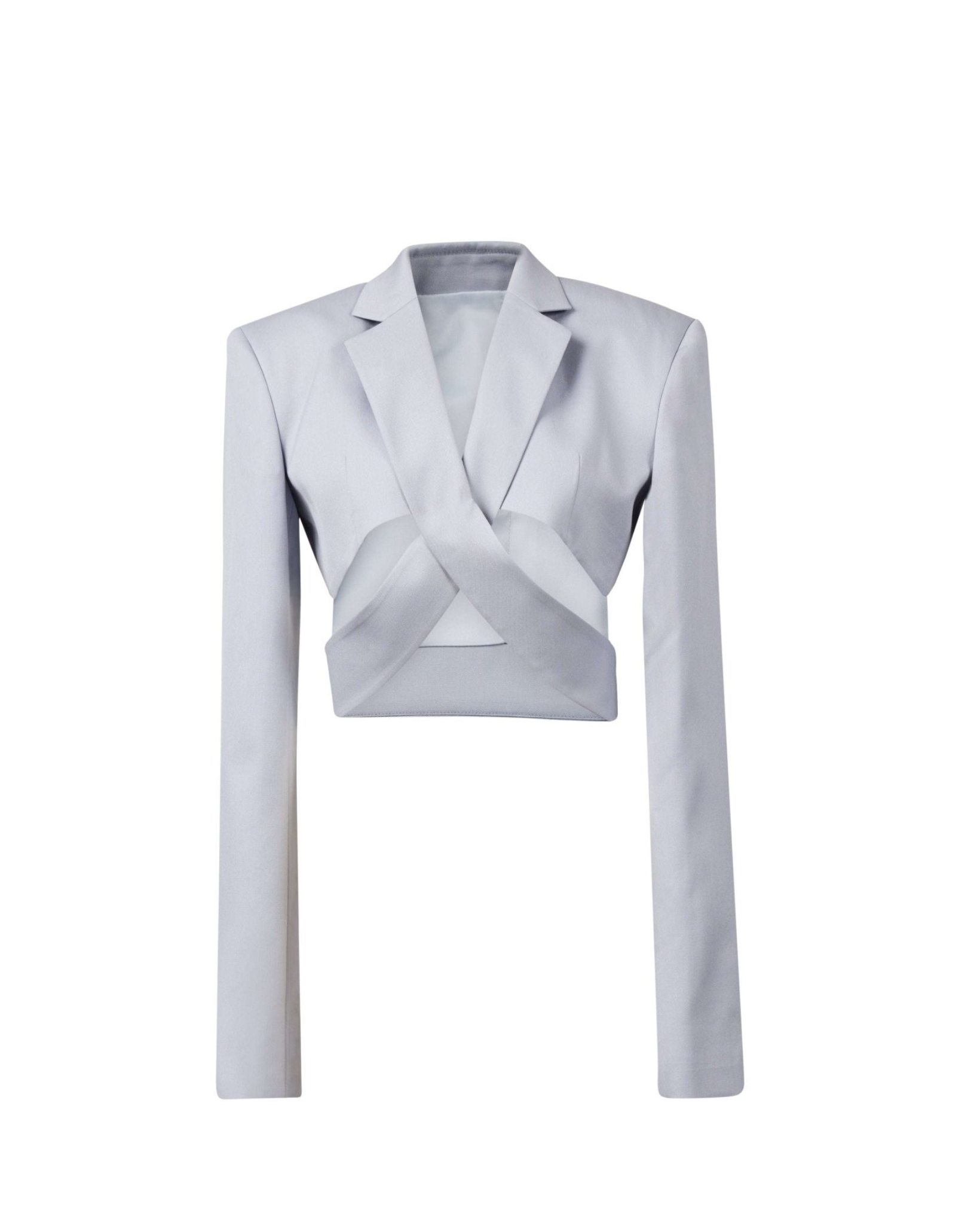 Tailory white wool-silk cutout blazer with cropped silhouette and crossover front panels