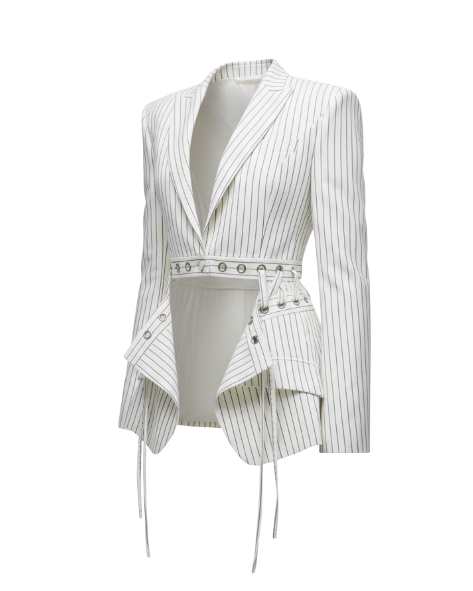 Tailory white pinstripe blazer with corset belt side view