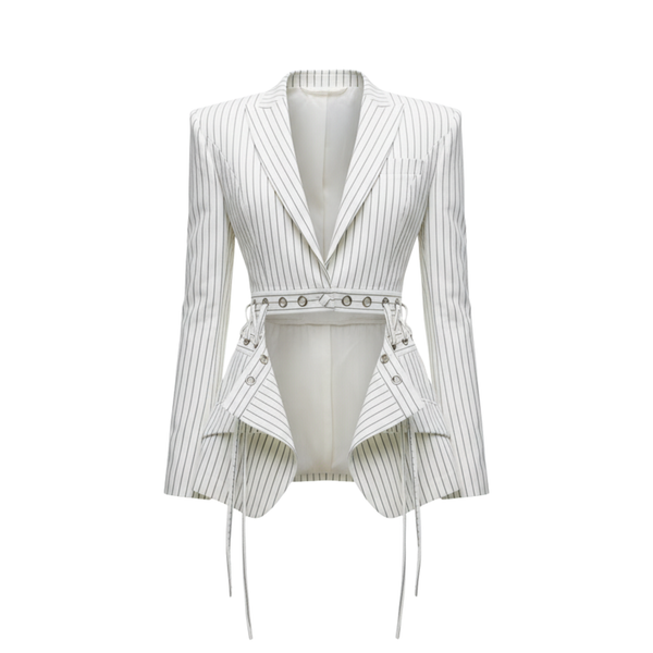 Tailory white pinstripe deconstructed blazer front view