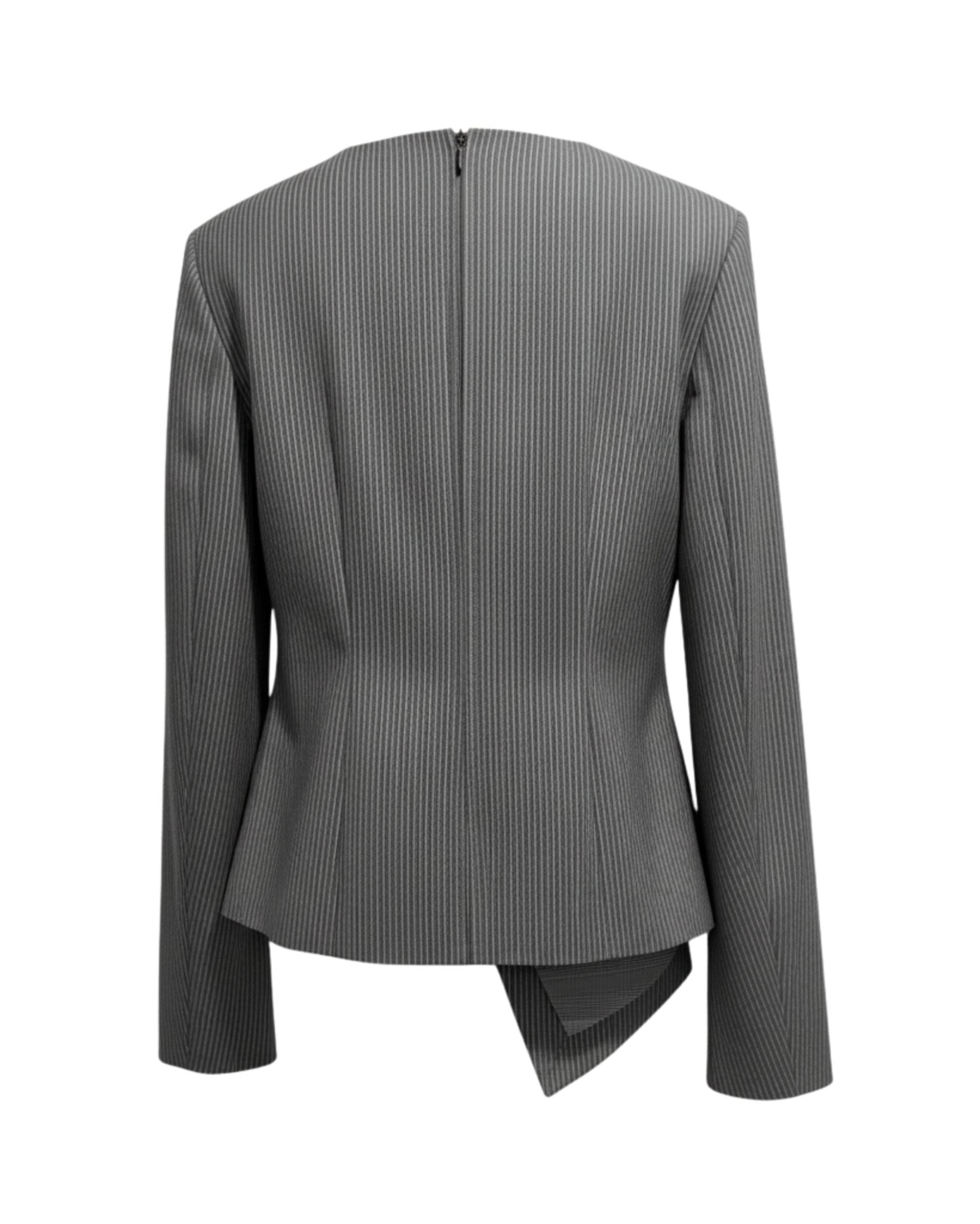 Tailory charcoal/black pinstripe asymmetric wrap blouse back view