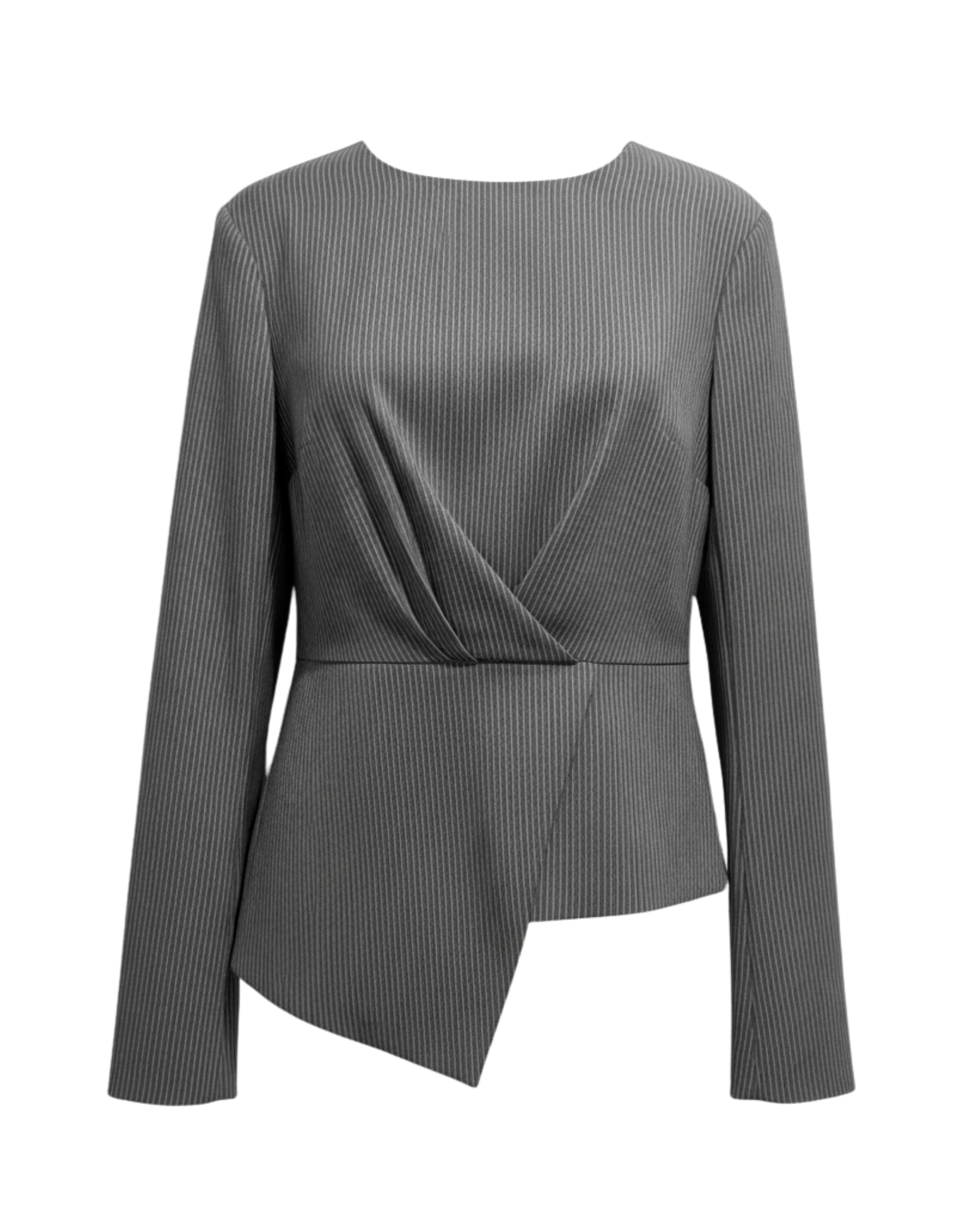 Tailory charcoal/black pinstripe asymmetric wrap blouse front view
