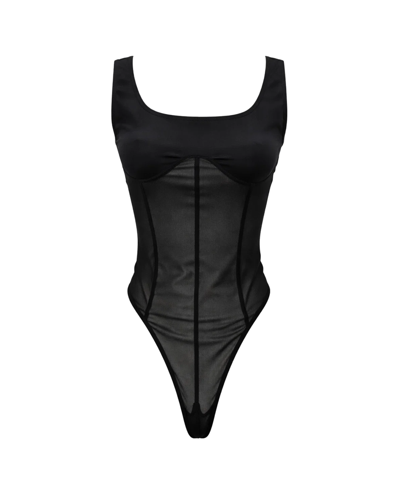 Tailory black structured bodysuit with sheer panels front view