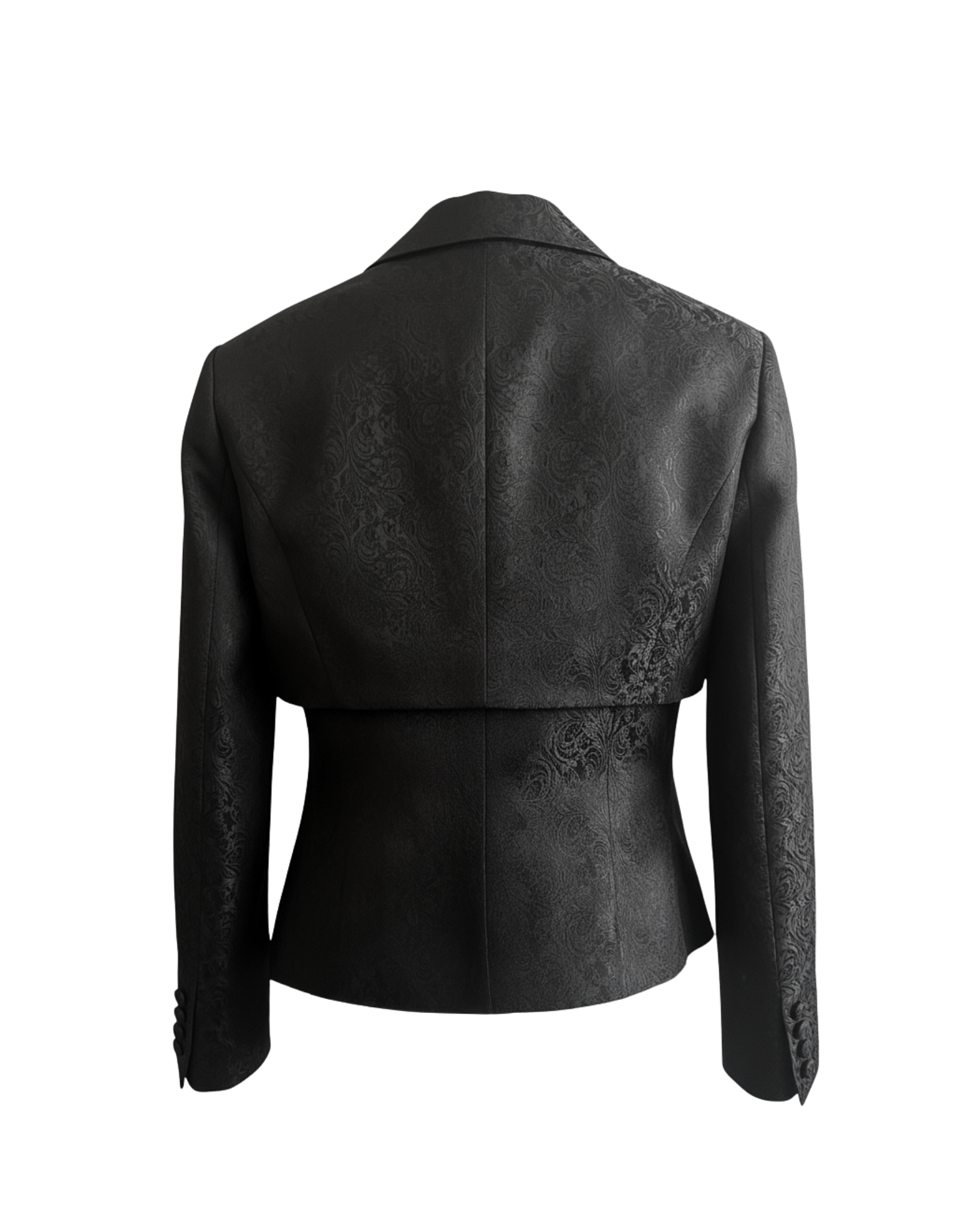 Back view of black floral brocade cropped jacket with structured bodice