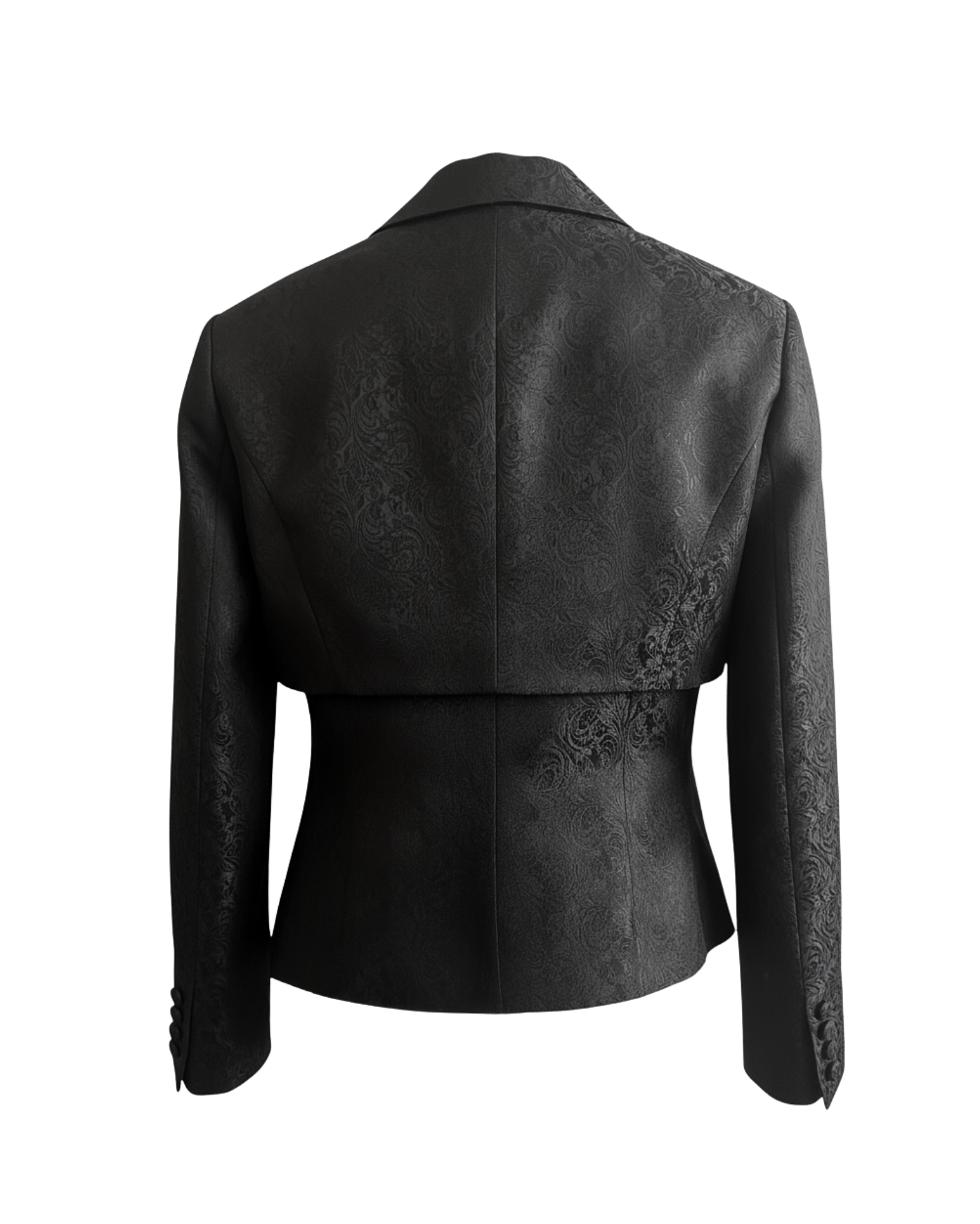 Black Cropped Blazer Cutout Formal Jacket shown from the back, featuring intricate floral brocade fabric, a tailored waist, long sleeves with buttoned cuffs, and a structured collar.