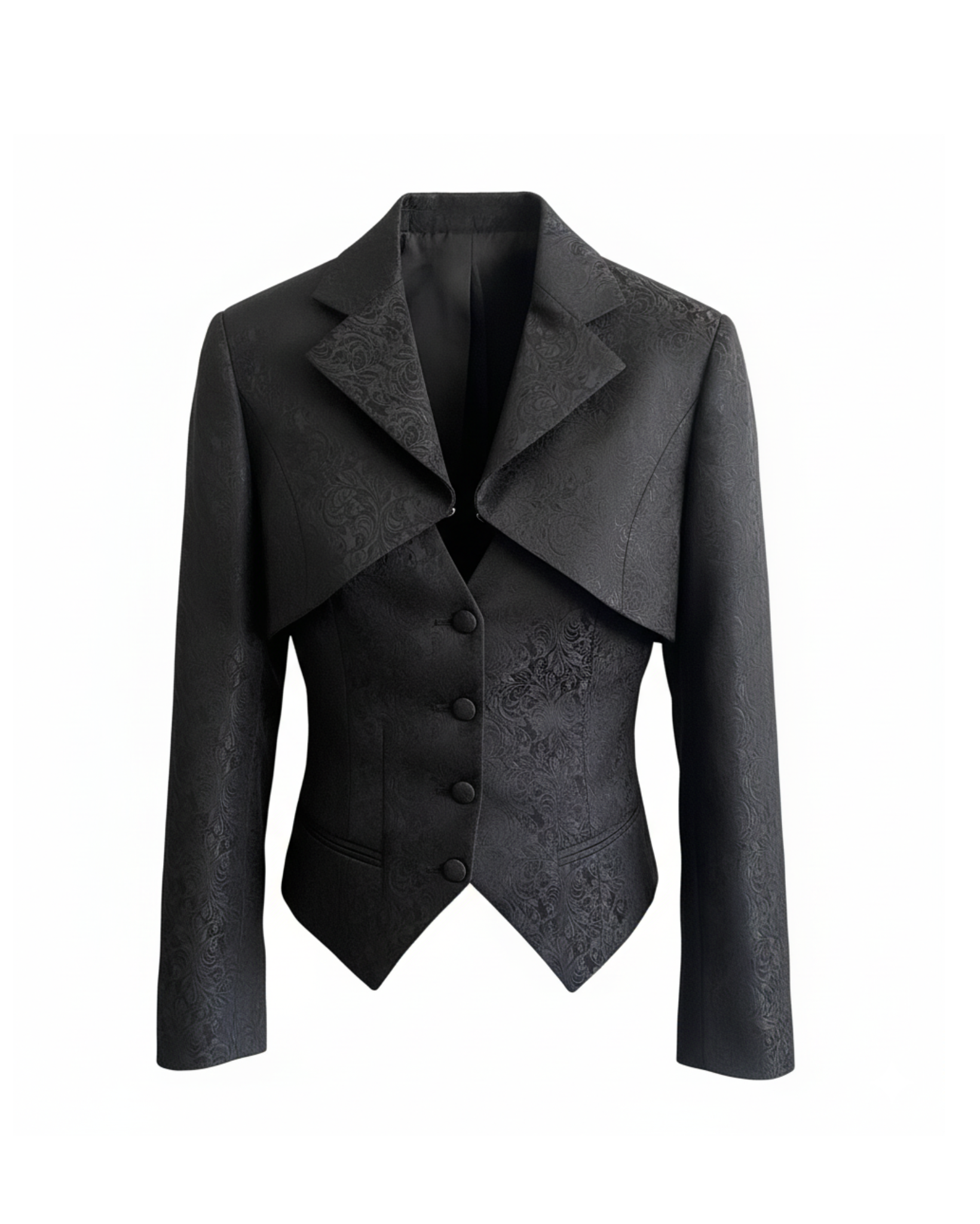 Front view of black floral brocade cropped jacket with peak lapels and sculpted waist