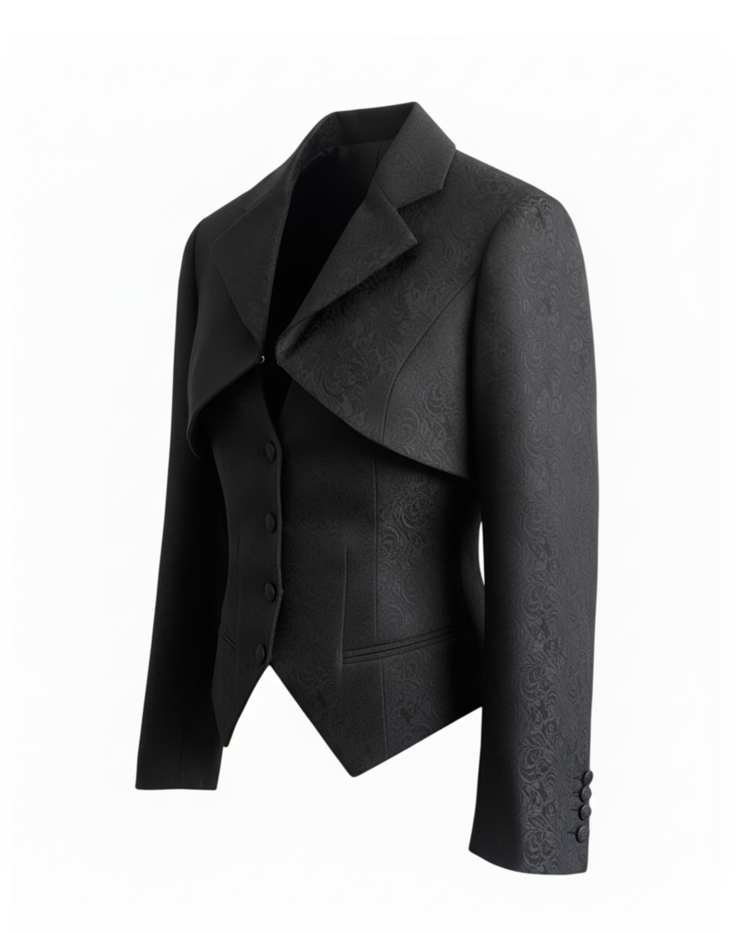 Side view of black floral brocade cropped jacket showing contoured seaming