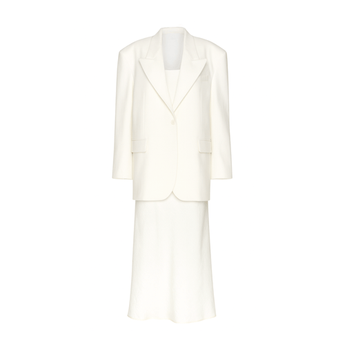 Ivory Loro Piana blazer and slip dress set front view