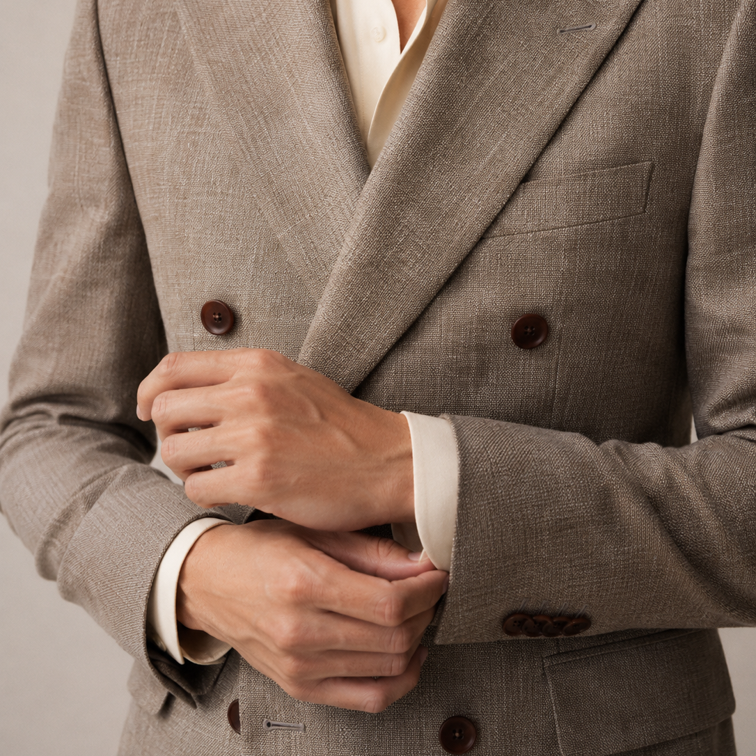 Close-up of a person wearing a brown double-breasted suit jacket with a neutral background