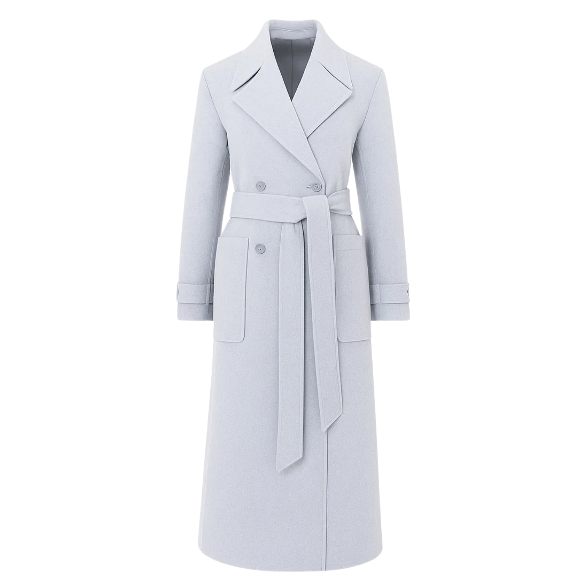 Tailory ash grey double-breasted wrap coat front view