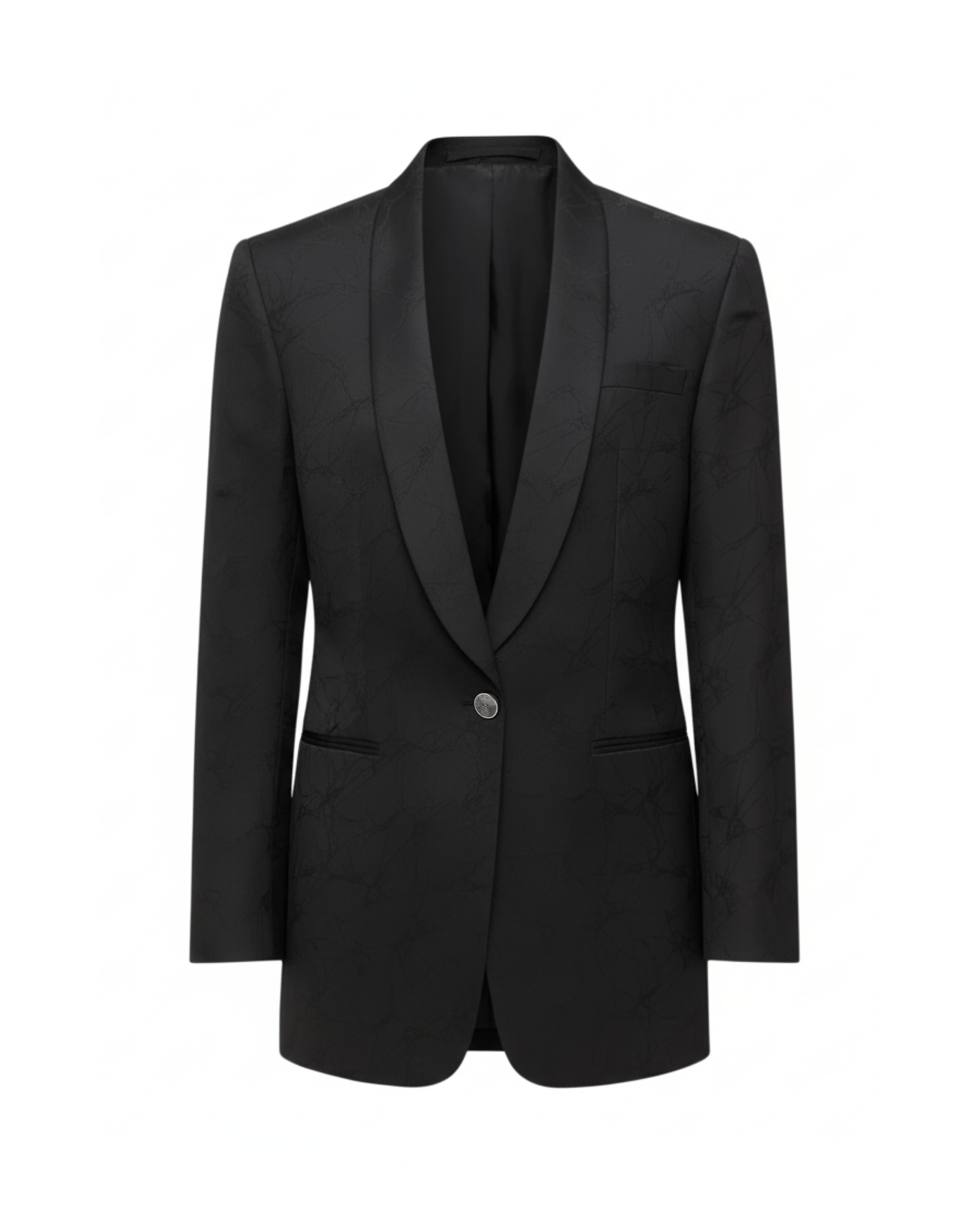 Tailory black spiderweb jacquard tuxedo coat with satin shawl collar front view