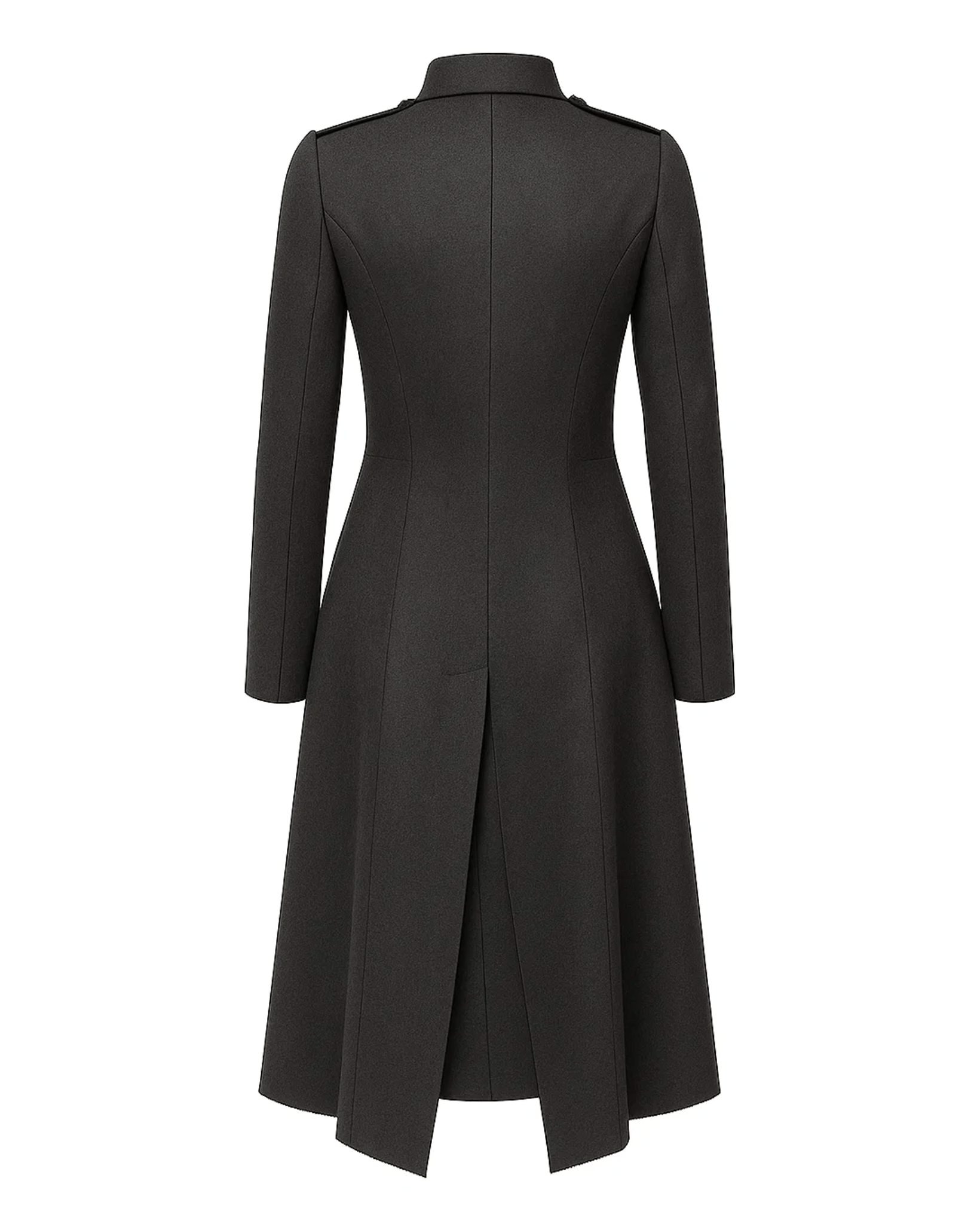Tailory charcoal deconstructed military double-breasted coat back view