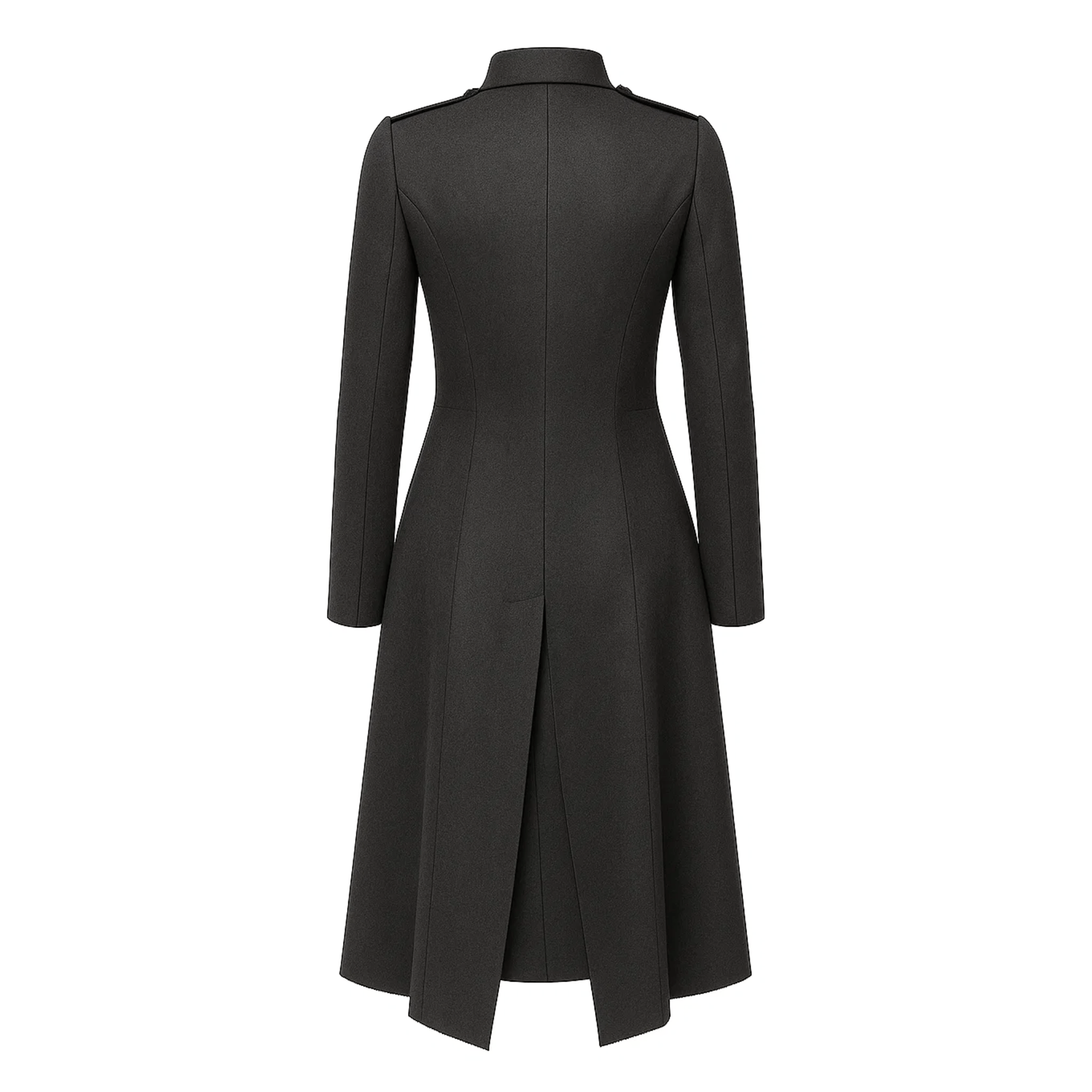 Tailory charcoal deconstructed military double-breasted coat back view