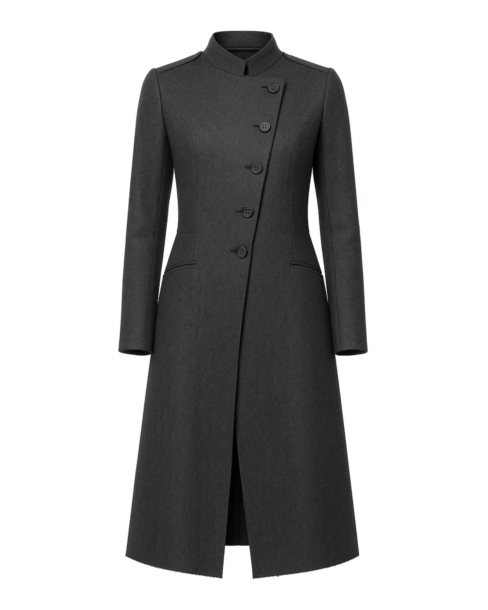Tailory charcoal deconstructed military double-breasted coat front view