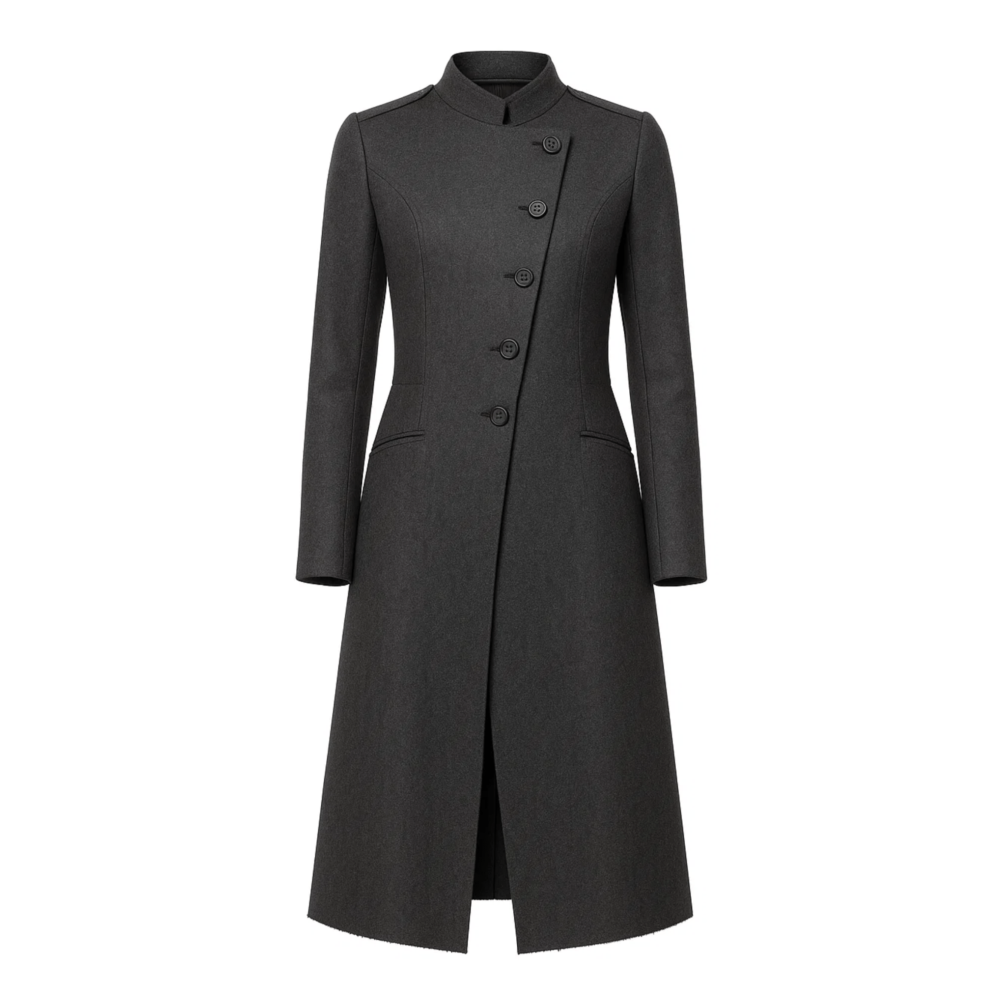 Tailory charcoal deconstructed military double-breasted coat front view