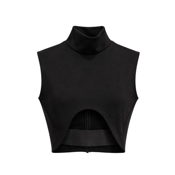 Tailory black mock neck cutout crop top front view”