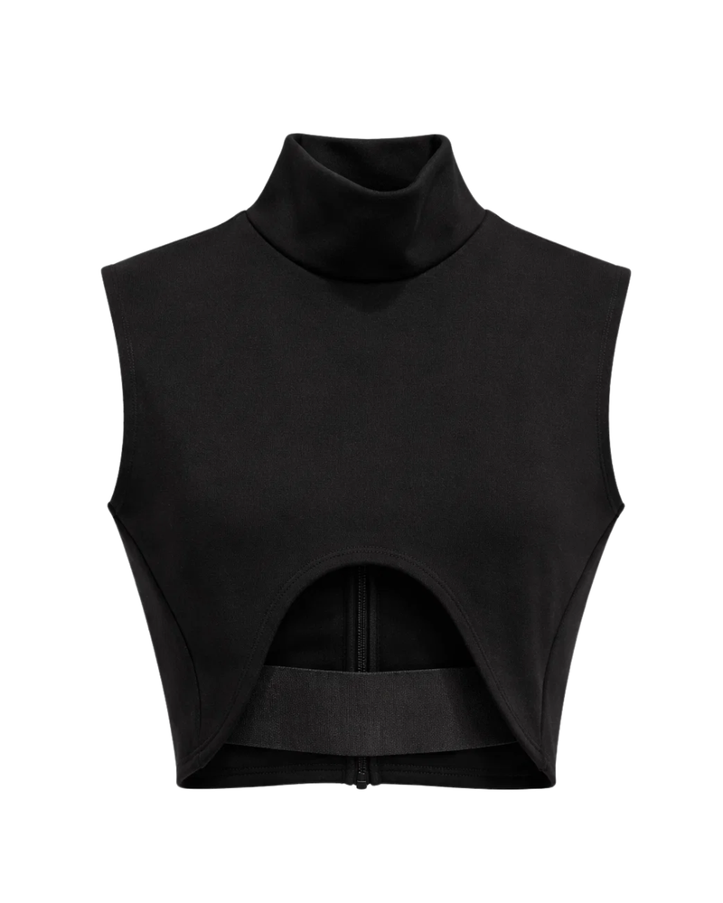 Tailory black mock neck cutout crop top front view”