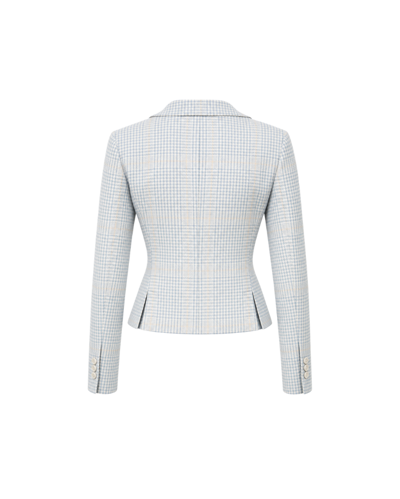 The Tailory New York blue houndstooth Loro Piana cropped jacket back view