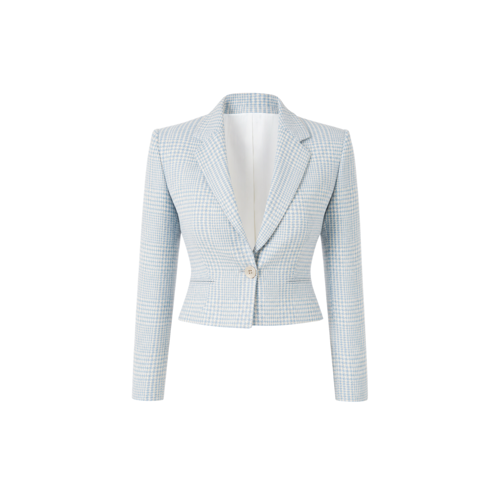 The Tailory New York blue houndstooth Loro Piana cropped jacket front view