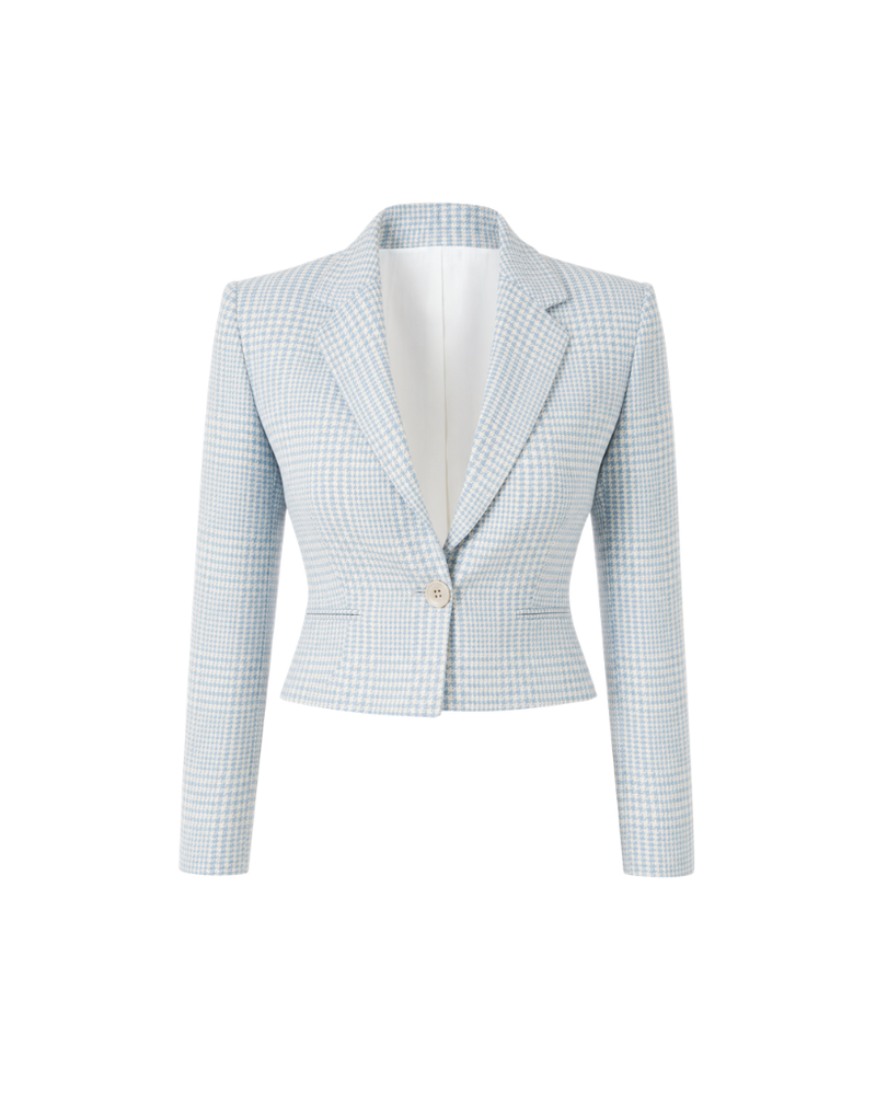 The Tailory New York blue houndstooth Loro Piana cropped jacket front view