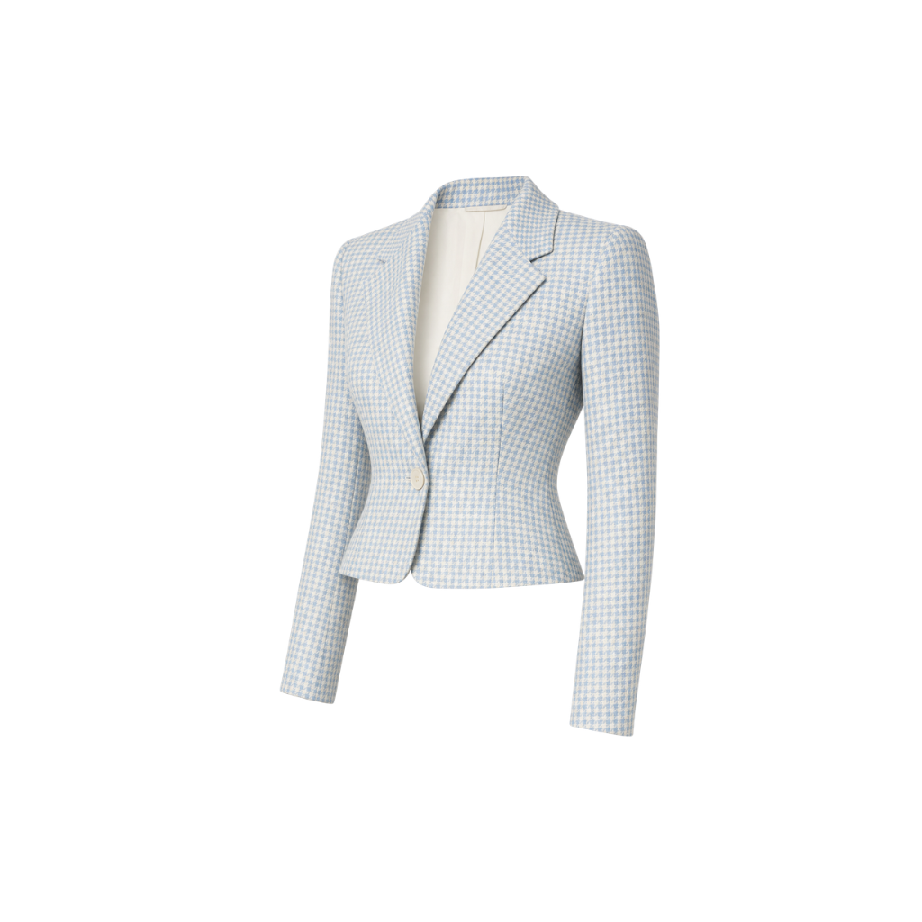 The Tailory New York blue houndstooth Loro Piana cropped jacket three quarter view