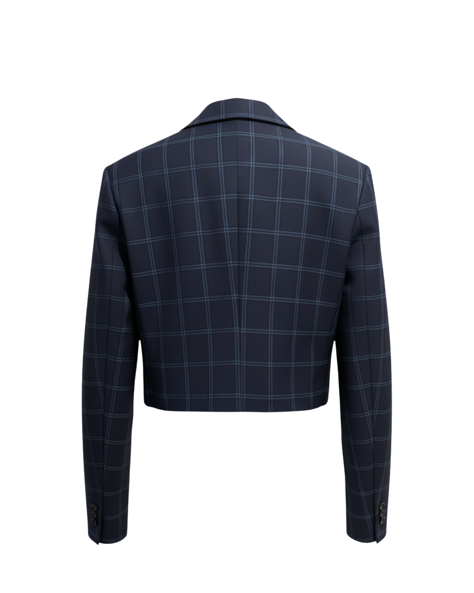 Tailory navy windowpane cropped double-breasted jacket back view