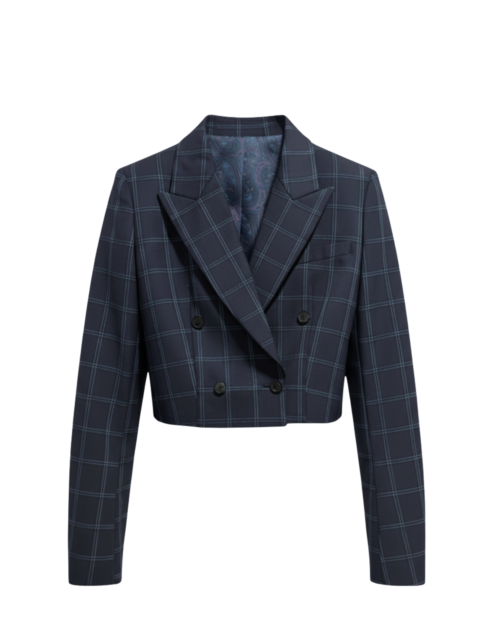 Tailory navy windowpane cropped double-breasted jacket with peak lapels front view