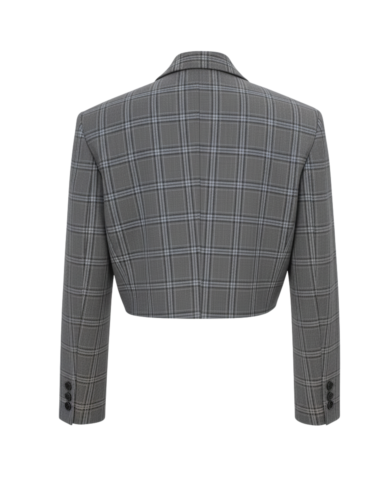 Tailory grey glen plaid cropped double-breasted blazer back view