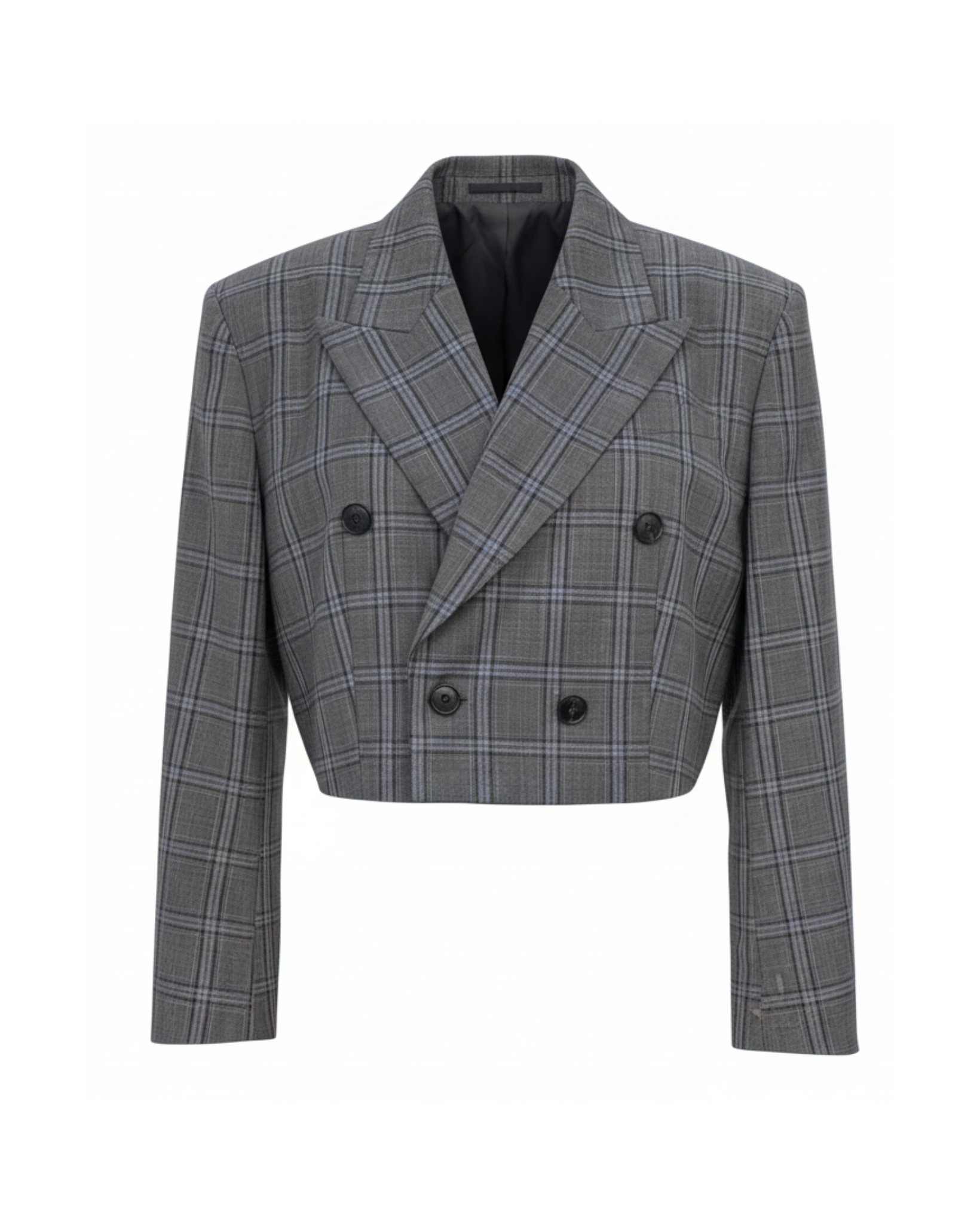 Tailory grey glen plaid cropped double-breasted blazer with peak lapels front view