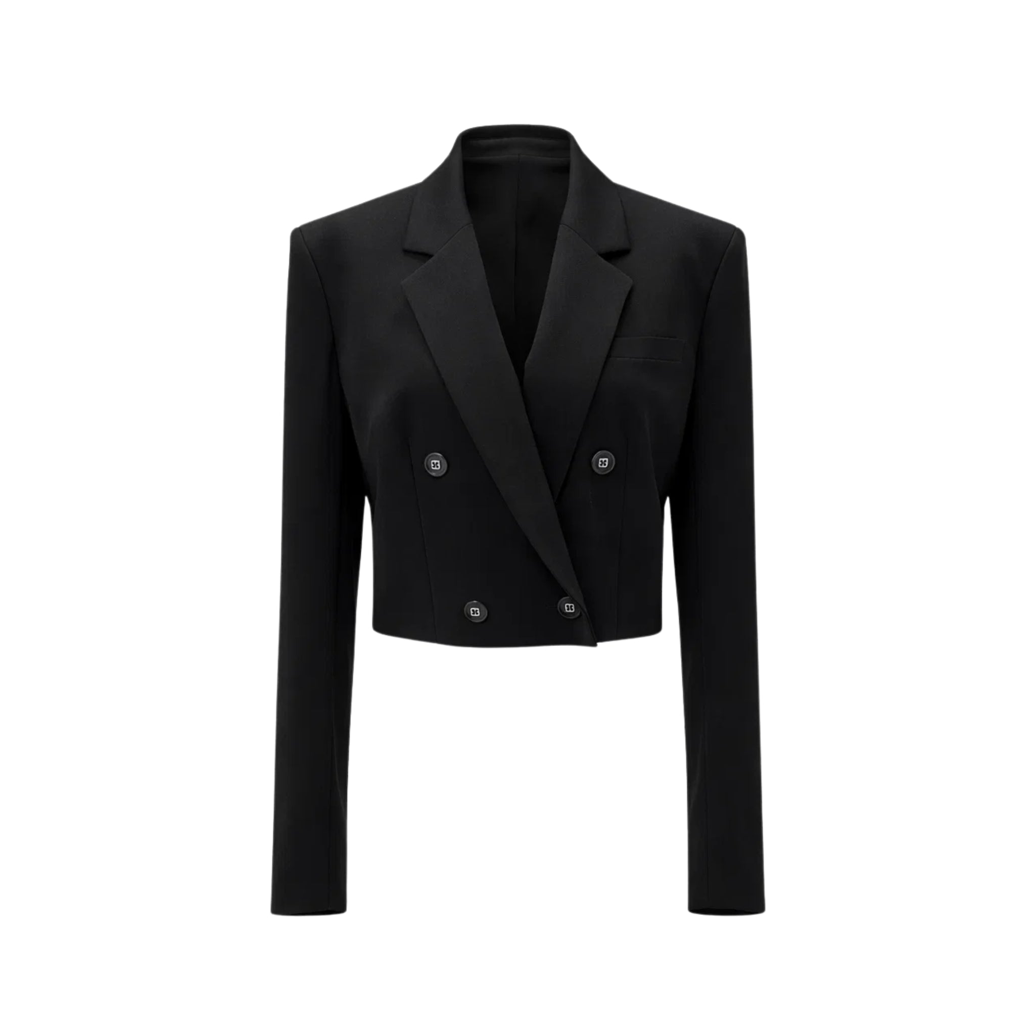 Tailory black cropped double-breasted peak-lapel jacket front view
