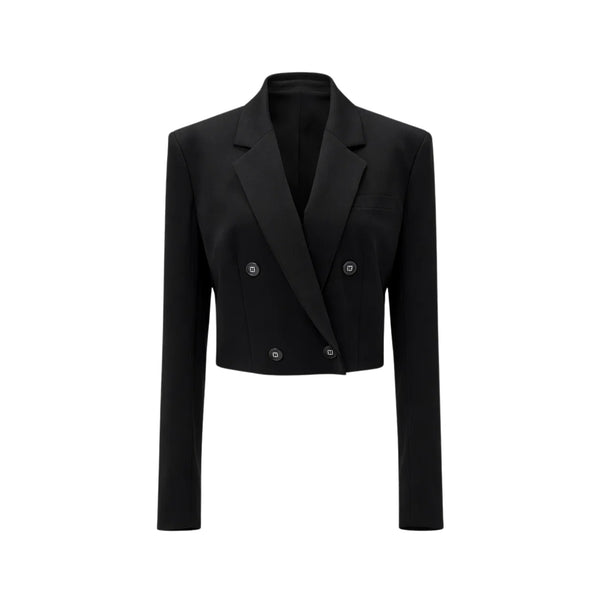 Tailory black cropped double-breasted peak-lapel jacket front view