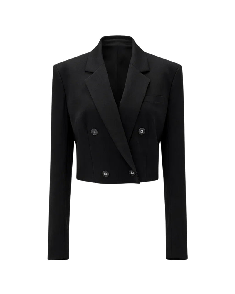 Tailory black cropped double-breasted peak-lapel jacket front view