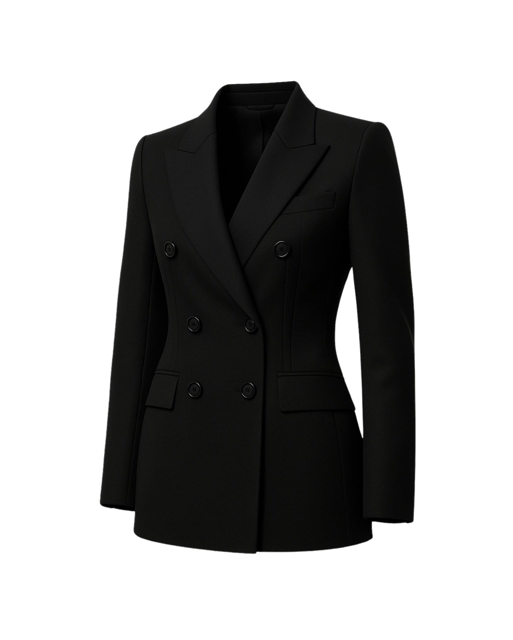 Tailory jet black double-breasted wool jacket side view