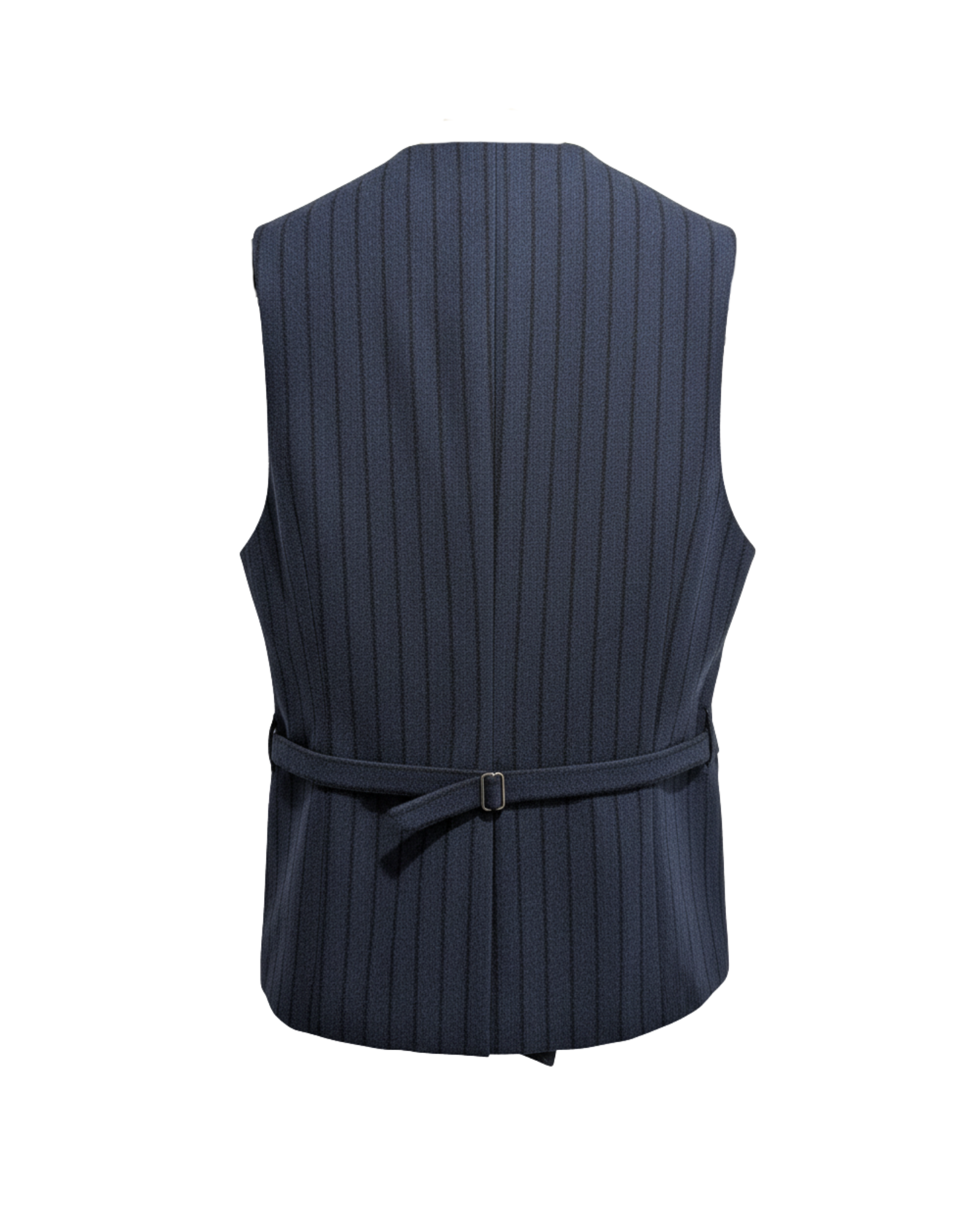 Tailory navy pinstripe double-breasted vest with adjustable back belt back view