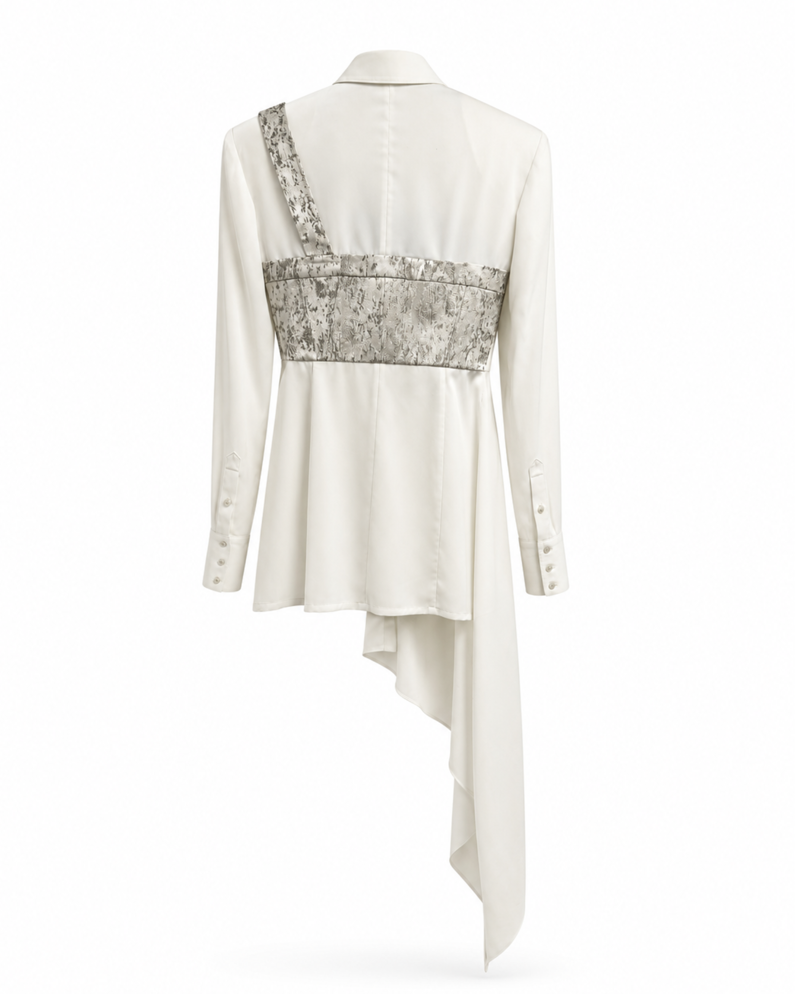 Tailory ivory asymmetric draped shirt back view with metallic corset detail and cascading hem